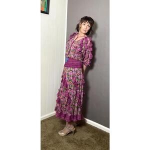 1980's Georgette Bohemian Floral Dress from Diane Freis RARE One Size